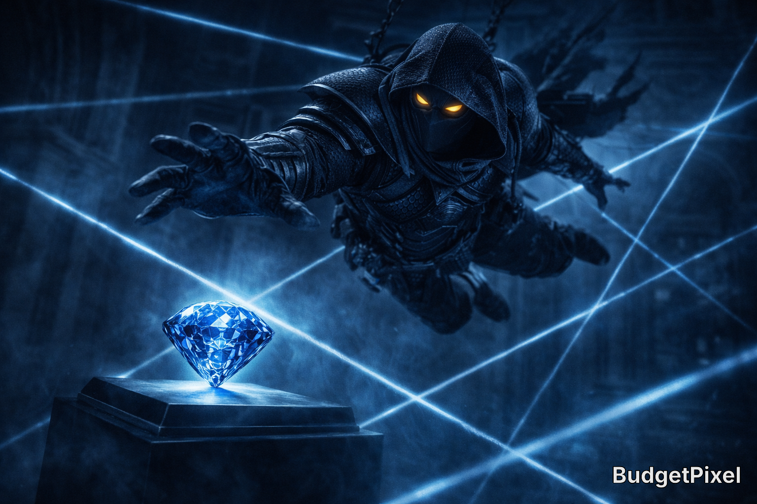 Hooded assassin in mid-air reaching for a glowing blue diamond on a pedestal.
