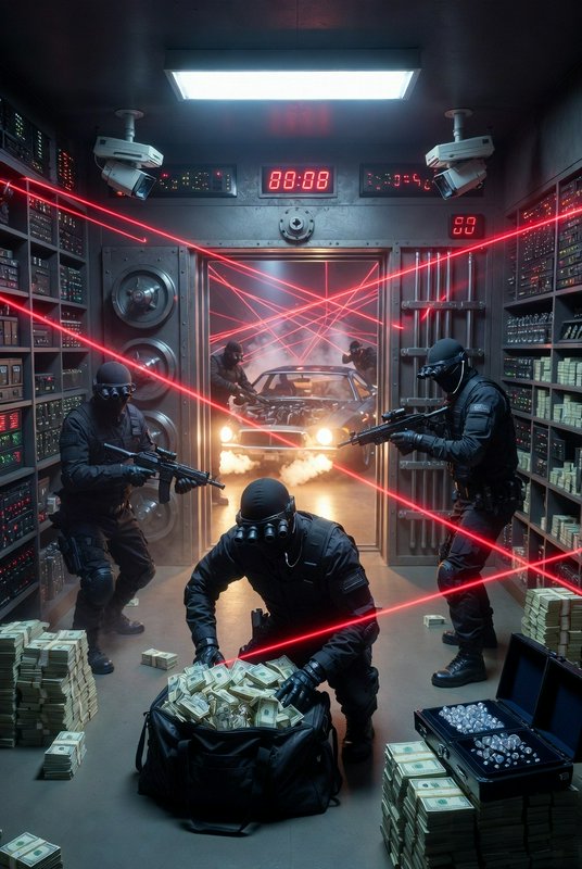 Tactical team inside a bank vault with red laser beams, guarding piles of cash as a car bursts th...