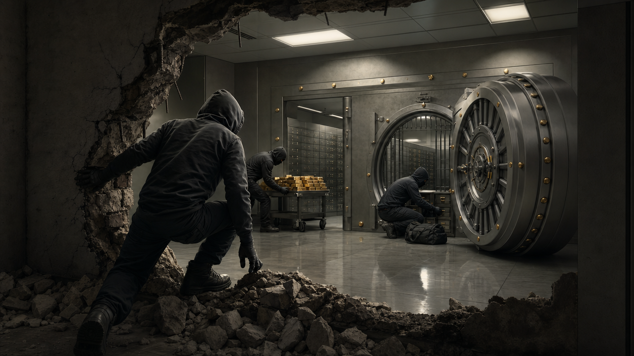 Masked thieves breach a bank vault, crawling through rubble toward a large safe and gold bars.