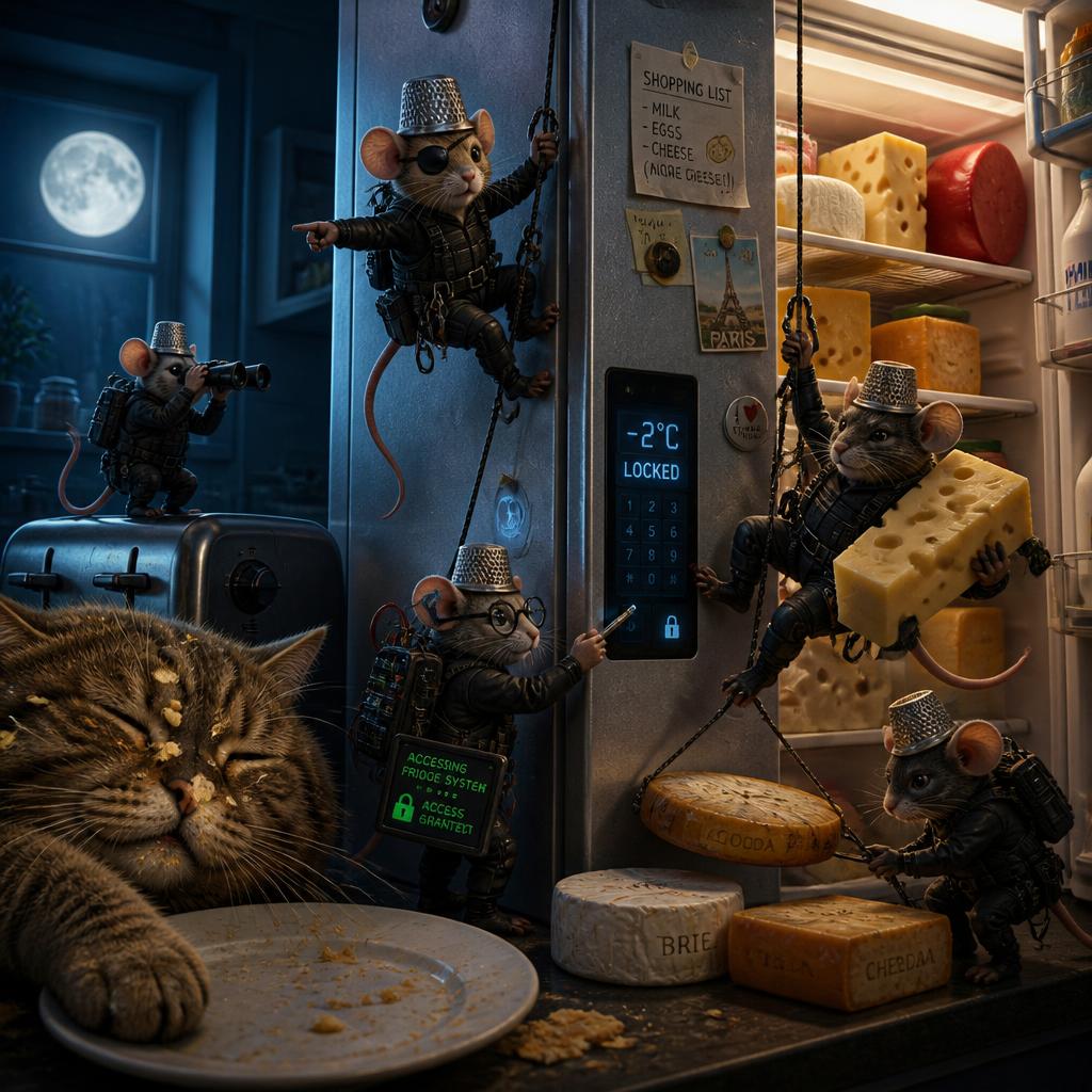 A group of armed toy mice scale a refrigerator filled with cheese as a sleeping cat rests nearby.