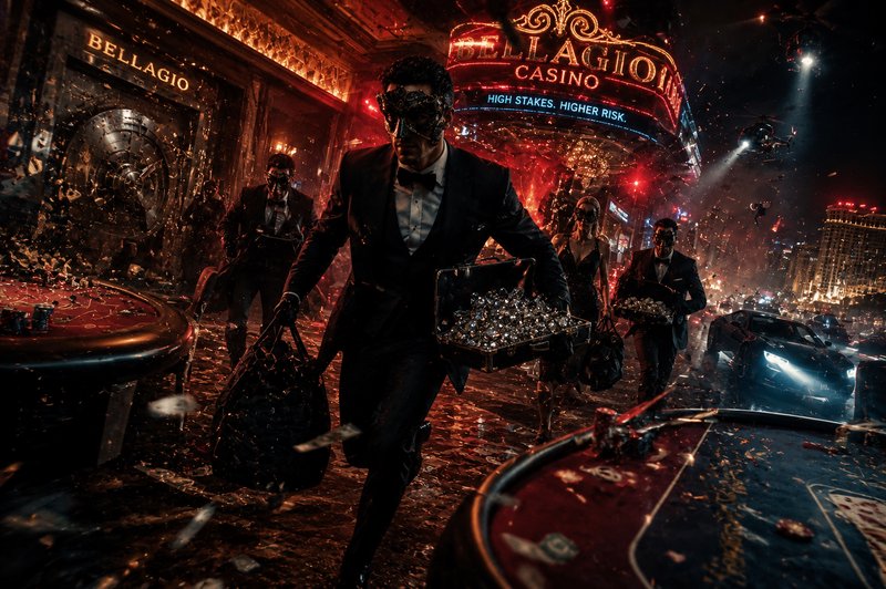 Group of suited thieves in a neon-lit casino, carrying diamond-filled bags amid a chaotic, confetti-filled night.