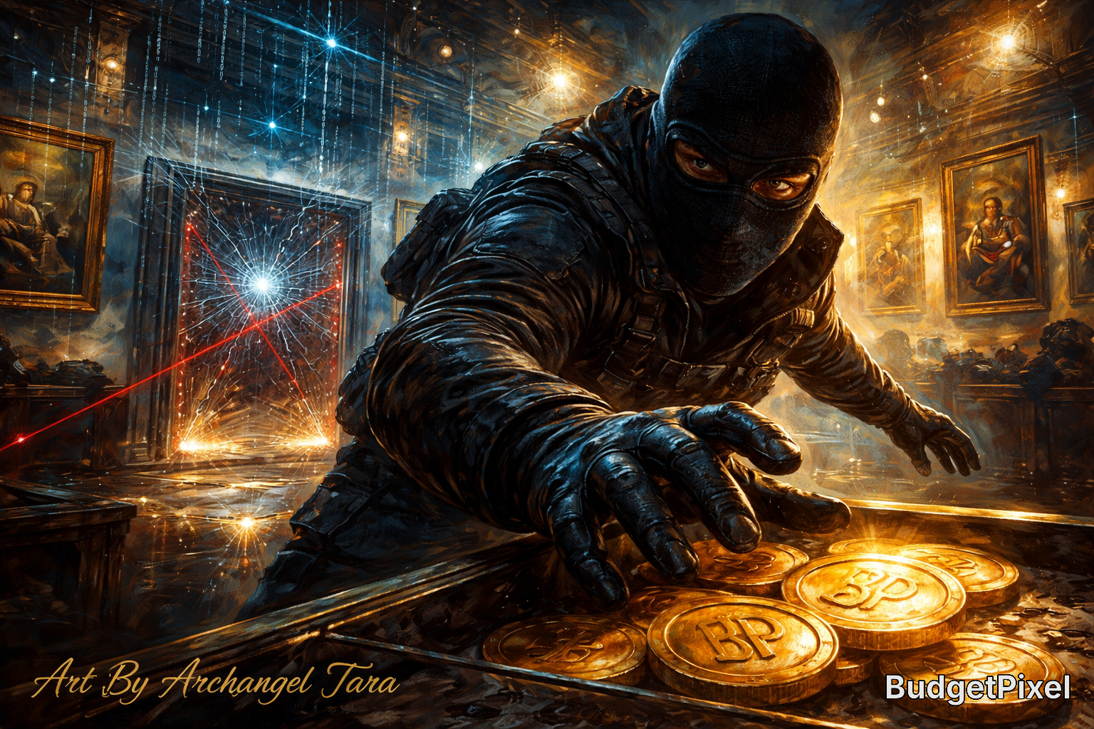 A masked burglar in black tactical gear reaches for gold coins on a table inside a shattered, art-filled gallery.
