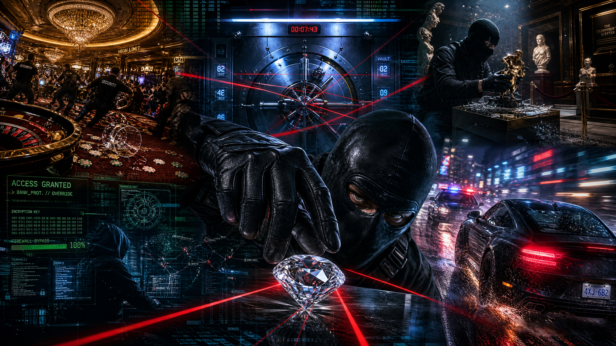 A masked thief reaches for a sparkling diamond amid lasers, vaults, and a neon cityscape.