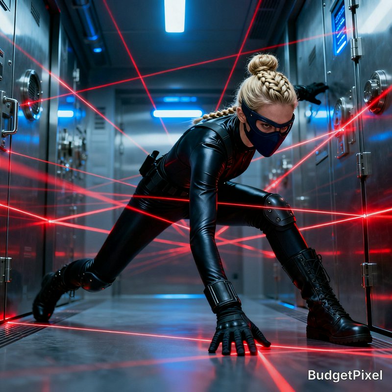 Female superhero in black latex suit crouching among red laser beams in a high-tech server corridor.