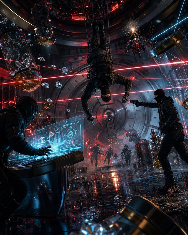 Suspended figure hangs from the ceiling in a high-tech lab as armed guards fire red lasers amid neon-lit chaos.
