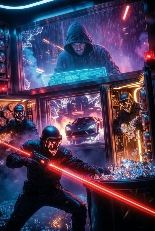 Hooded hacker oversees a neon-lit vault heist as masked robbers with red energy blades raid the room.
