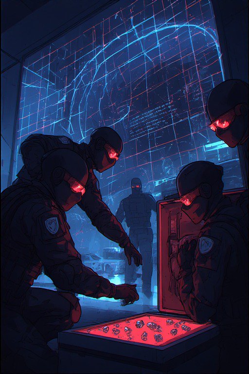 Futuristic tactical team in dark suits with glowing red goggles examining a glowing red minerals ...