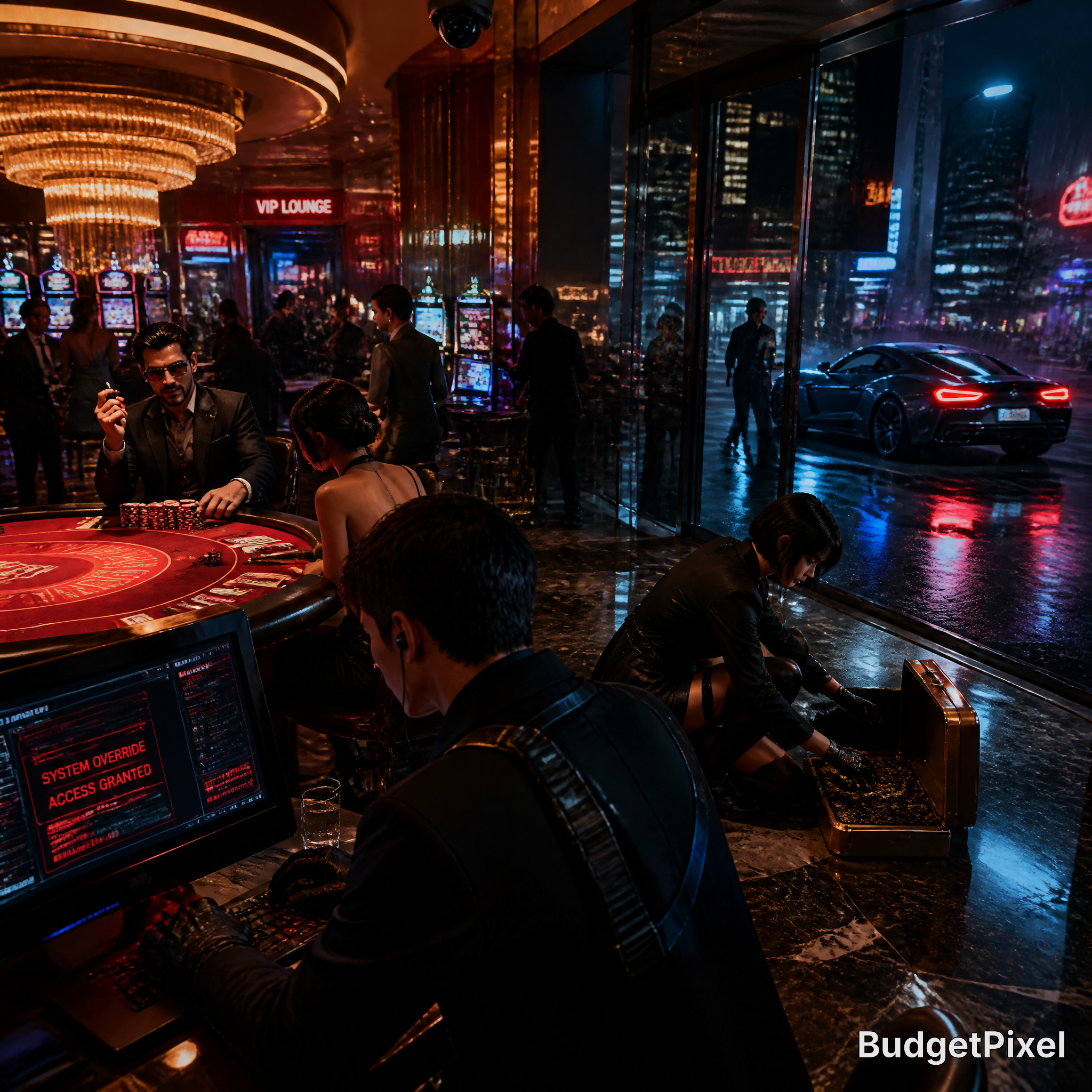 Luxurious casino scene with a red roulette table, players, and neon-lit nightlife outside through glass walls.