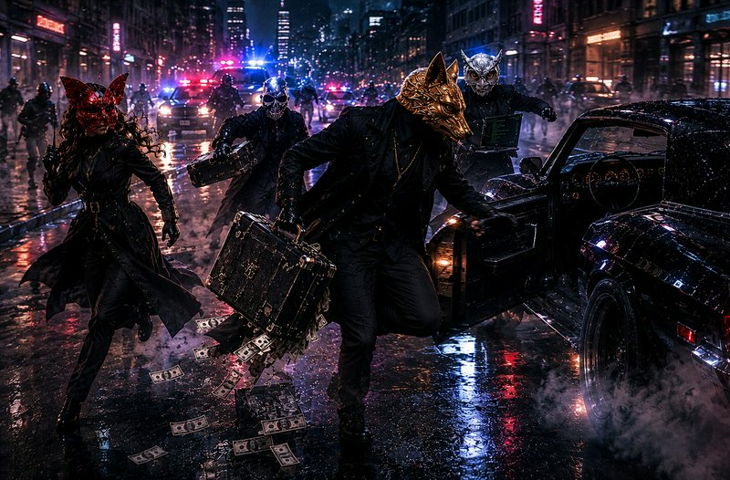 Masked figures in animal masks sprint from a car as money rains on a neon-lit, rainy city street.