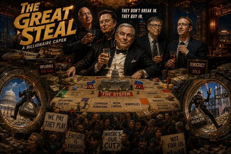 Group of well-dressed men around a flashy Monopoly-style board titled "The System" in a luxurious...