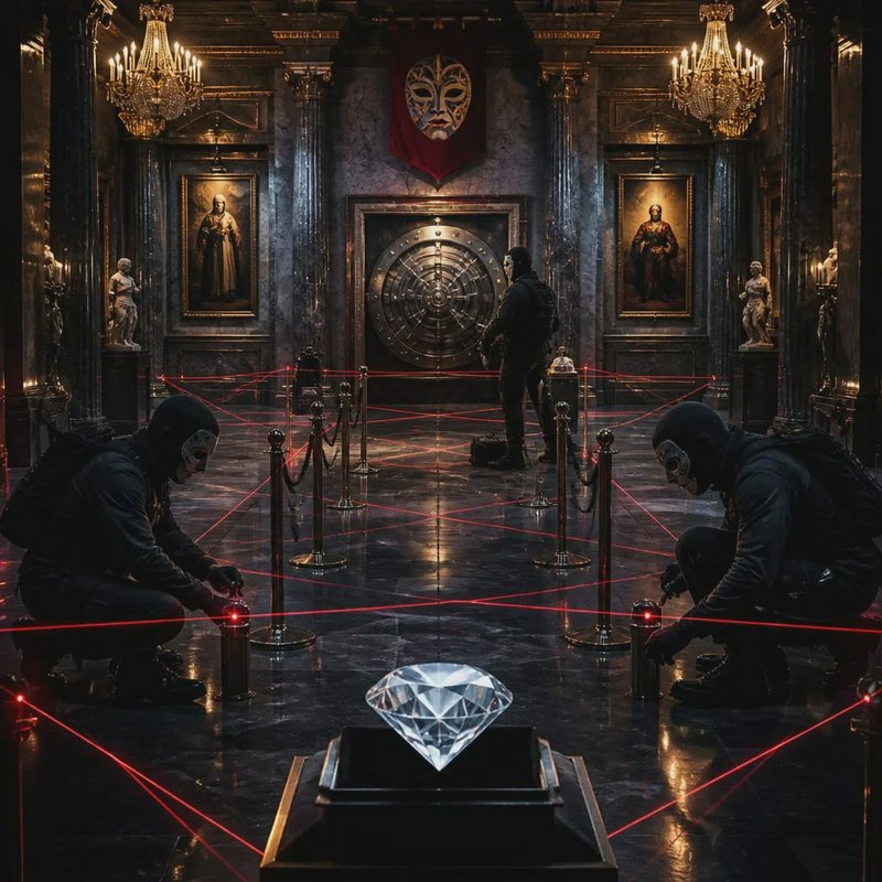 A large diamond on a pedestal inside a dim, ornate vault room with red laser lines and masked guards.
