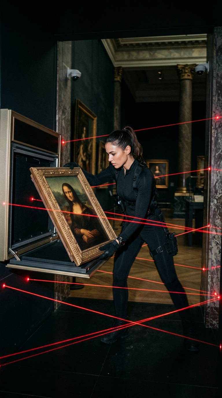 A woman in black tactical attire moves a framed Mona Lisa past red laser security lines in a museum.
