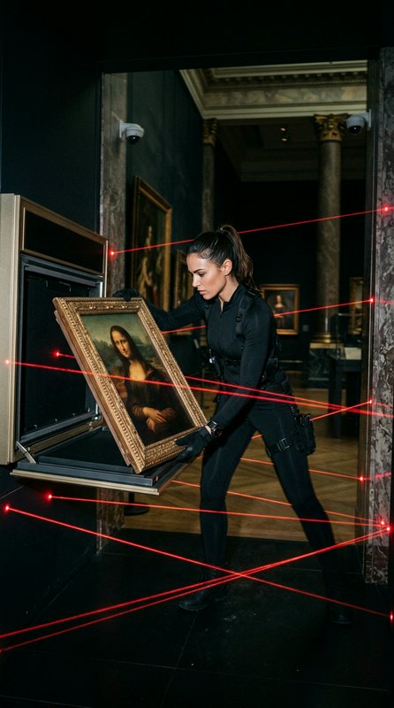A woman in black tactical attire moves a framed Mona Lisa past red laser security lines in a museum.