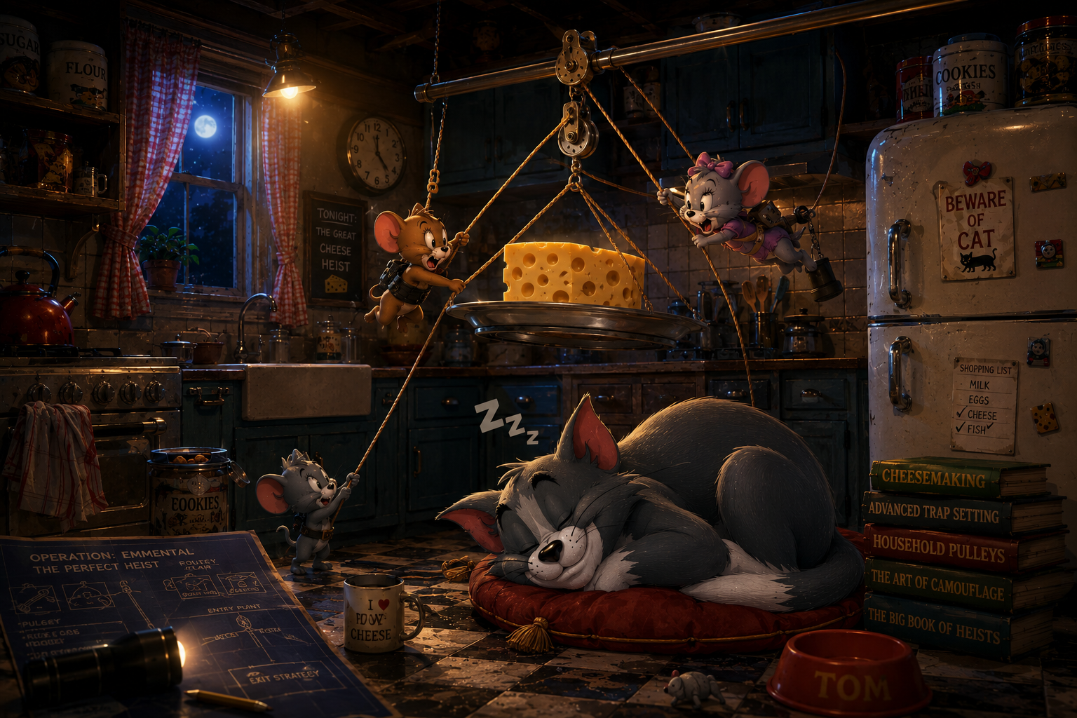 Tom and Jerry-themed kitchen scene with cheese heist, mice swinging from a pulley above a sleeping cat.