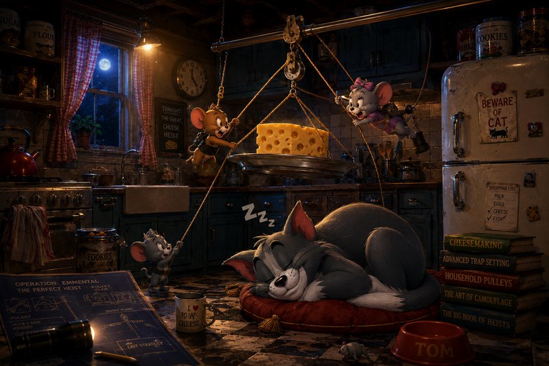 Tom and Jerry-themed kitchen scene with cheese heist, mice swinging from a pulley above a sleepin...