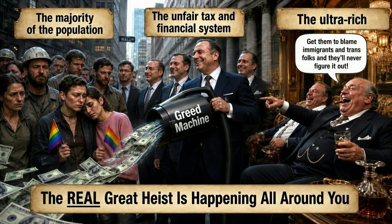 Satirical collage showing a “Greed Machine” pouring money on the ultra-rich while workers protest.