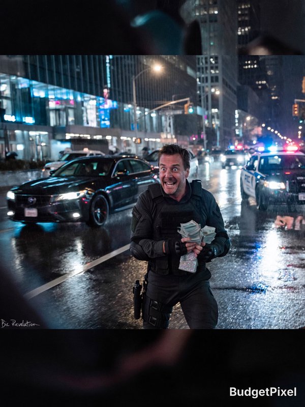 A man in tactical gear runs through a rainy night city street, clutching cash as police cars glow...