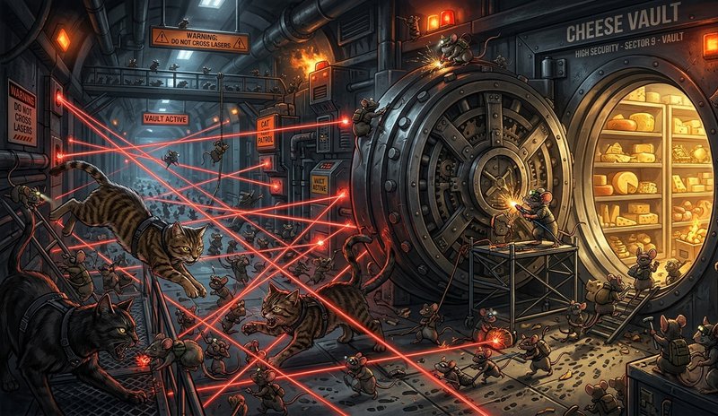 Laser-eyed cats battle inside a high-security cheese vault with lasers and heavy vault doors.