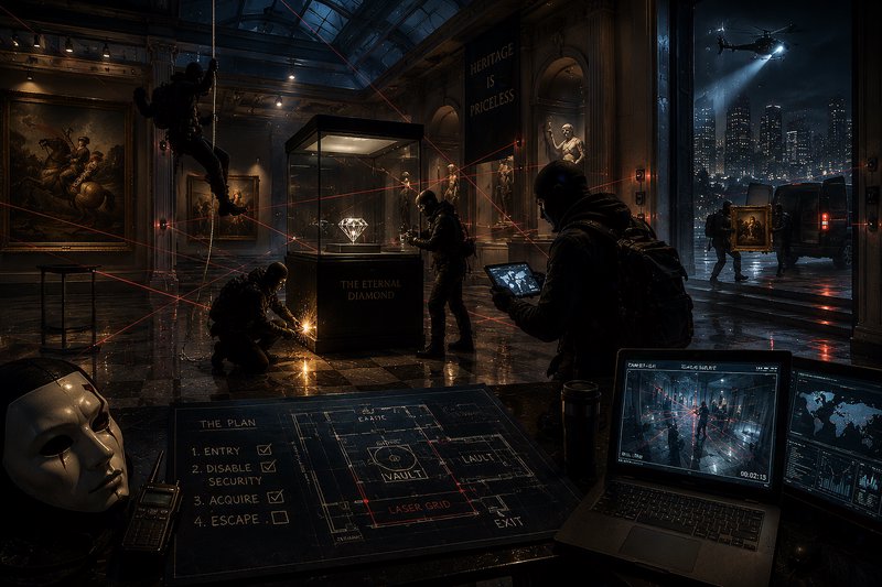 A dark museum interior with a glass display case containing a diamond, surrounded by red laser se...