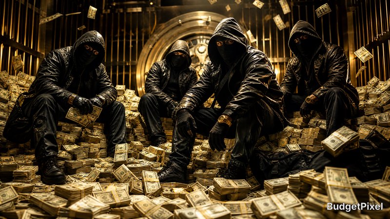 Four masked thieves sit among piles of cash inside a bank vault.