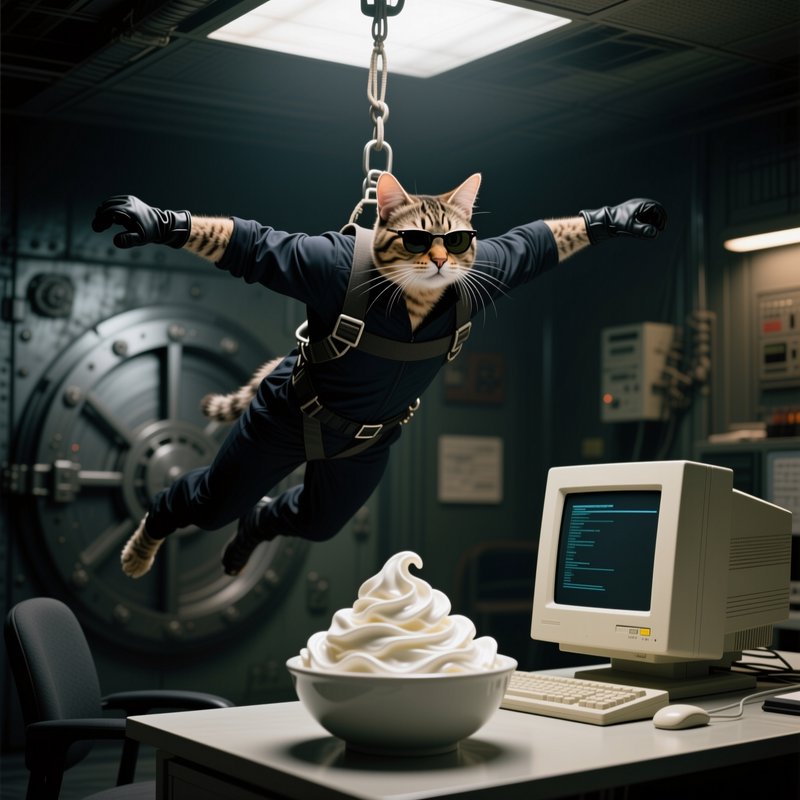 Cat in a harness suspended by chain, wearing sunglasses, flying over a desk with a computer and s...