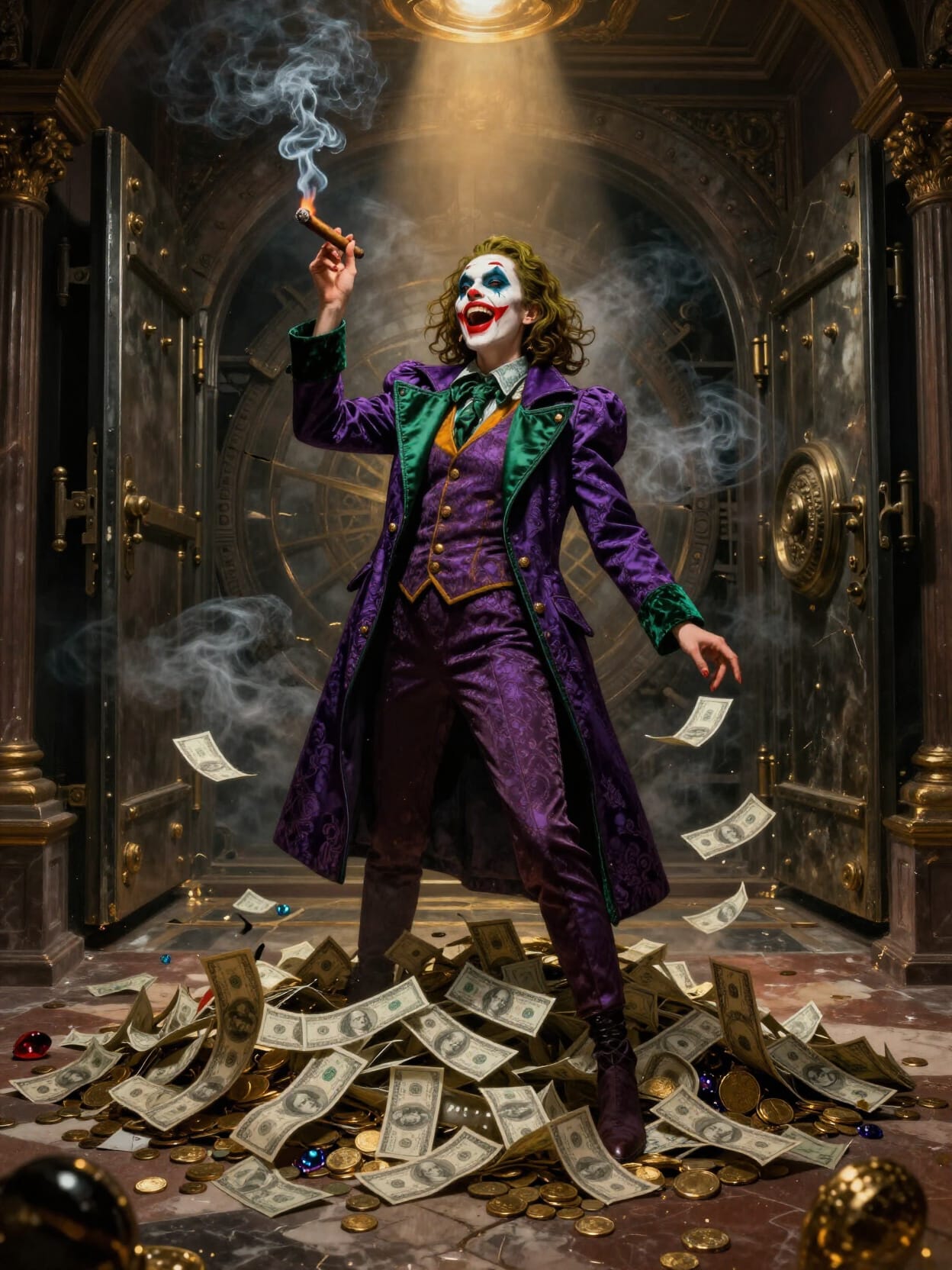 Joker-inspired character in a purple suit and green vest stands in a vault, smoking as money rains around him.