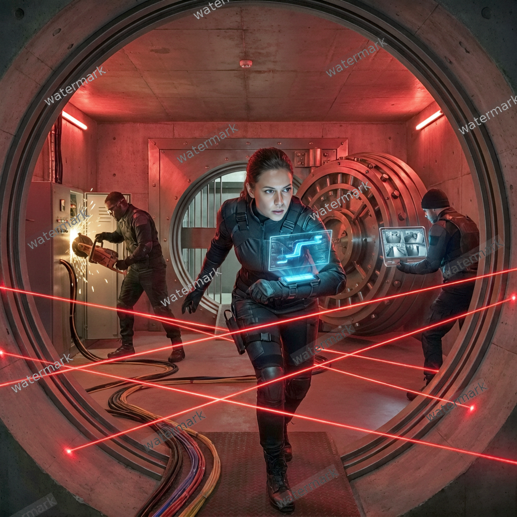 Team in tactical suits dodging red laser security lines inside a high-tech vault chamber.
