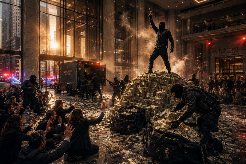 Man standing on a tall pile of cash amid urban chaos with police and crowds around.