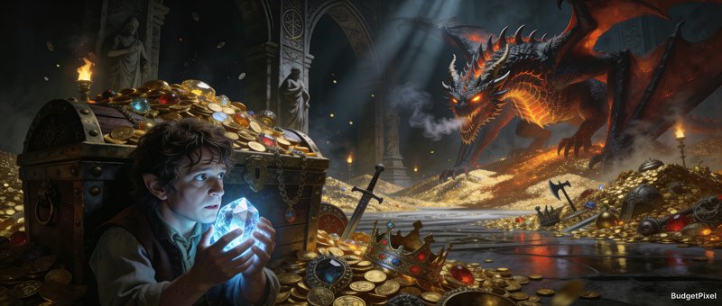 A young boy among heaps of gold, glowing crystal in hand, as a red dragon looms nearby.