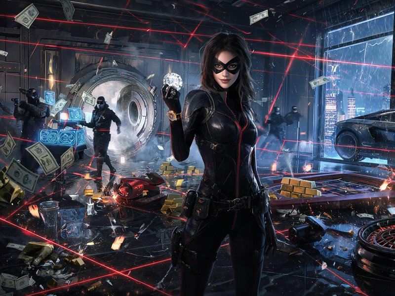 Masked female superhero in a black suit holds a crystal amid a high-tech vault heist with lasers ...