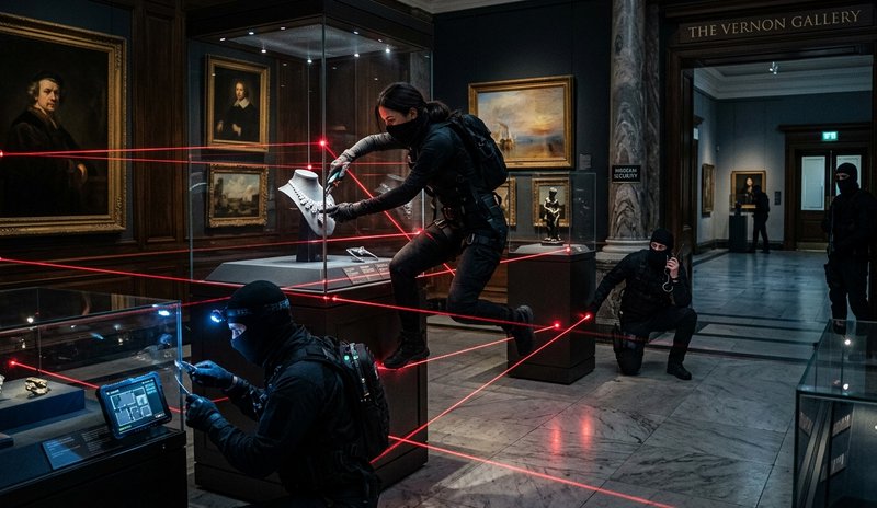Masked figures navigate red laser security beams in a museum gallery with a climactic art heist s...