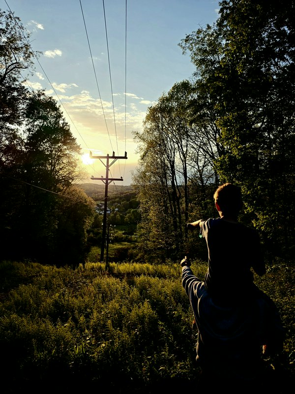 Person standing on a hillside at sunset, pointing toward the distance with power lines and trees ...