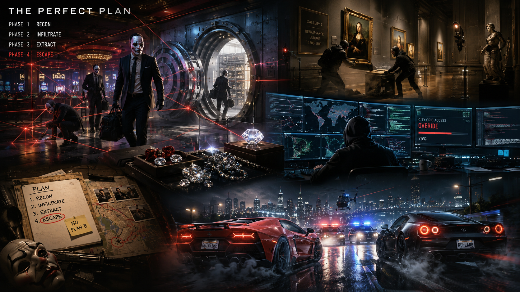 A dramatic collage of a high-stakes heist: masked criminals, a vault, diamonds, luxury cars, and neon-lit cityscape.
