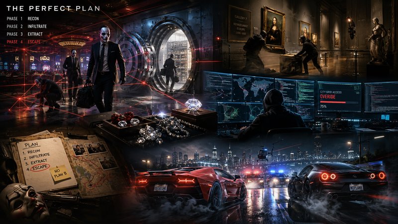 A dramatic collage of a high-stakes heist: masked criminals, a vault, diamonds, luxury cars, and neon-lit cityscape.
