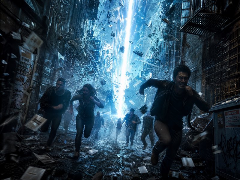 People sprint through a chaotic alley as a bright blue energy beam pierces the debris-filled street.