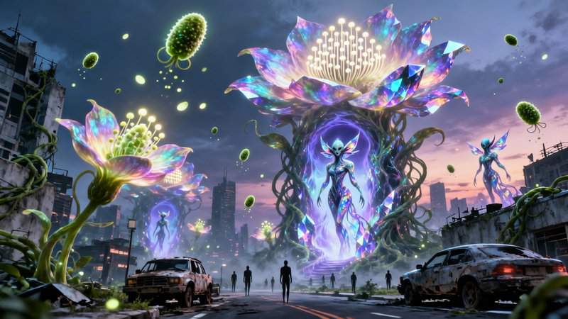 Surreal, glowing giant flower structures with alien figures in a ruined cityscape.