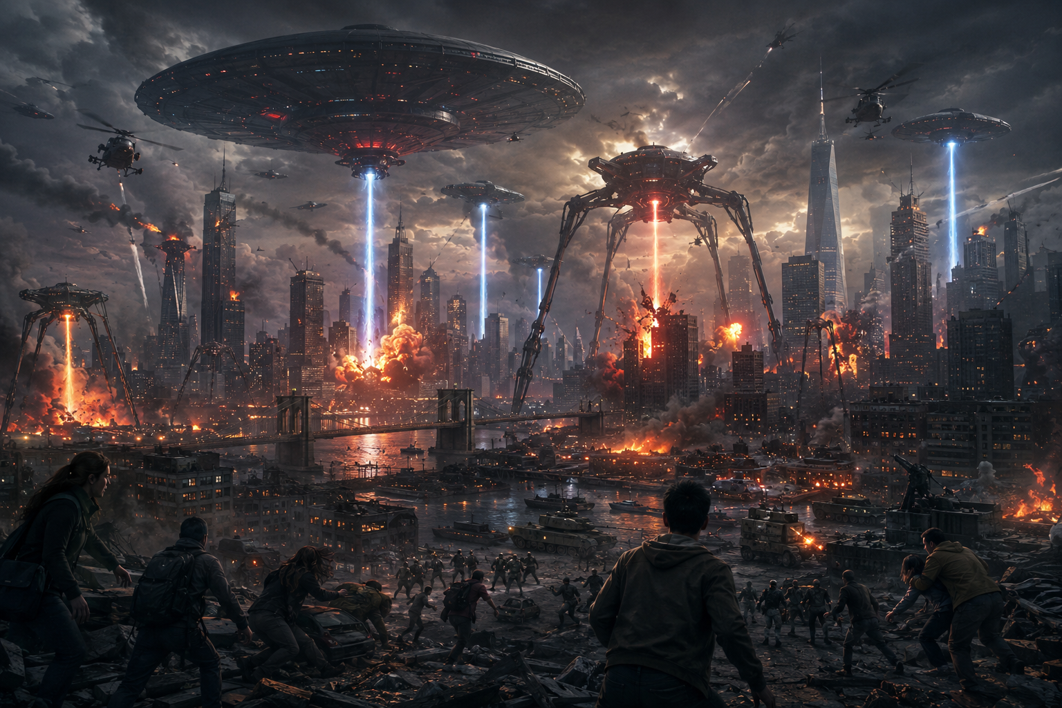 Futuristic city under siege by gigantic alien machines firing lasers amid explosions.