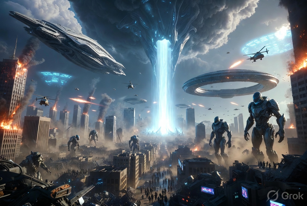 Futuristic city under attack by giant armored aliens with flying saucers and a bright central energy beam.