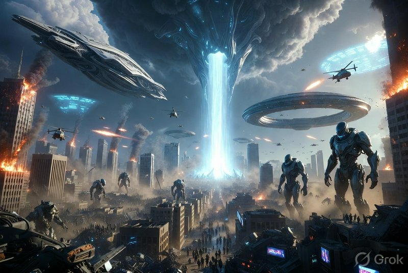 Futuristic city under attack by giant armored aliens with flying saucers and a bright central energy beam.