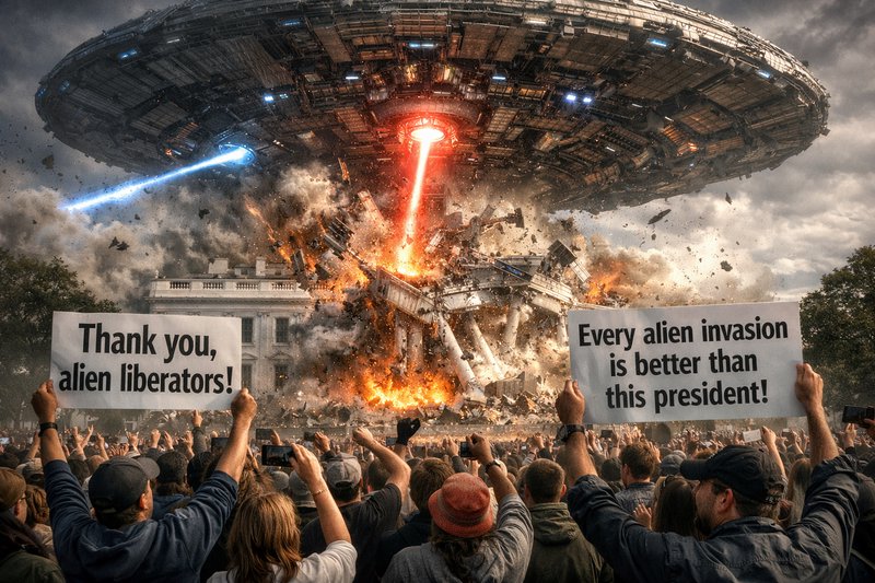 Massive alien spacecraft destroys buildings as a crowd protests with signs in a chaotic city scene.