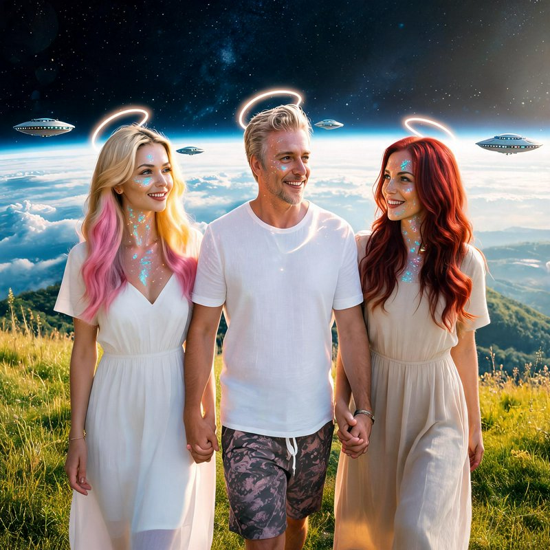 Three friends walk hand-in-hand in a sunny field with cosmic halos and UFOs overhead.