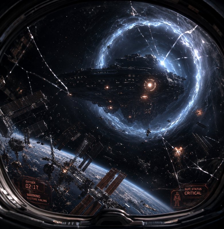 Futuristic spaceship entering a glowing wormhole above Earth with space stations nearby.