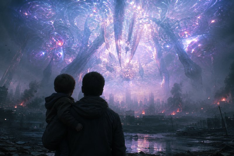 Two people stand in a ruined city, watching a colossal glowing cosmic portal in the sky