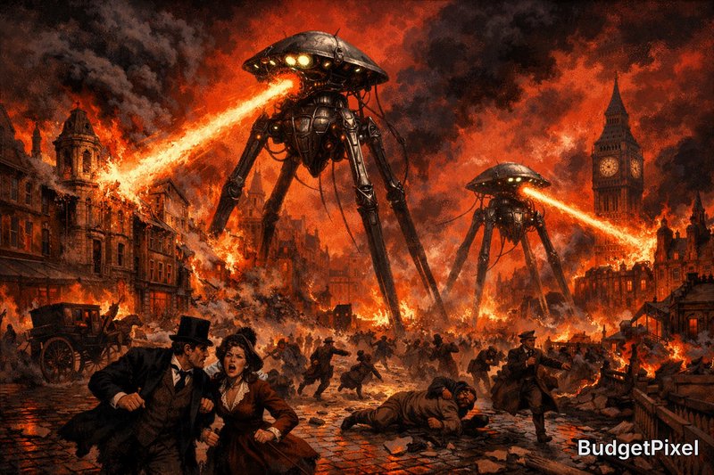 Massive alien tripods attack burning London streets, spewing fire as Big Ben looms in the background.