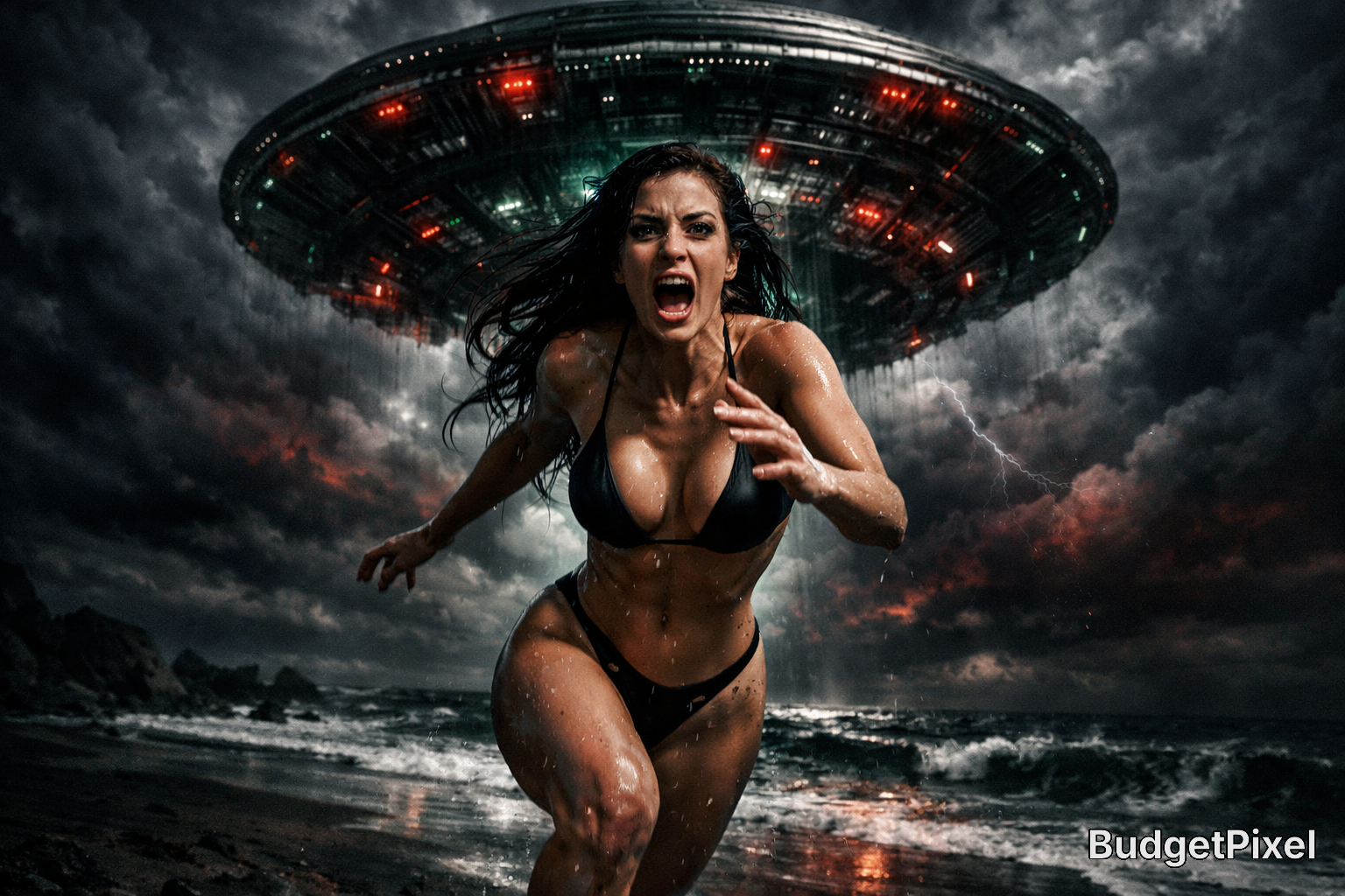 Woman in a black bikini runs on a stormy beach as a giant flying saucer hovers above her.