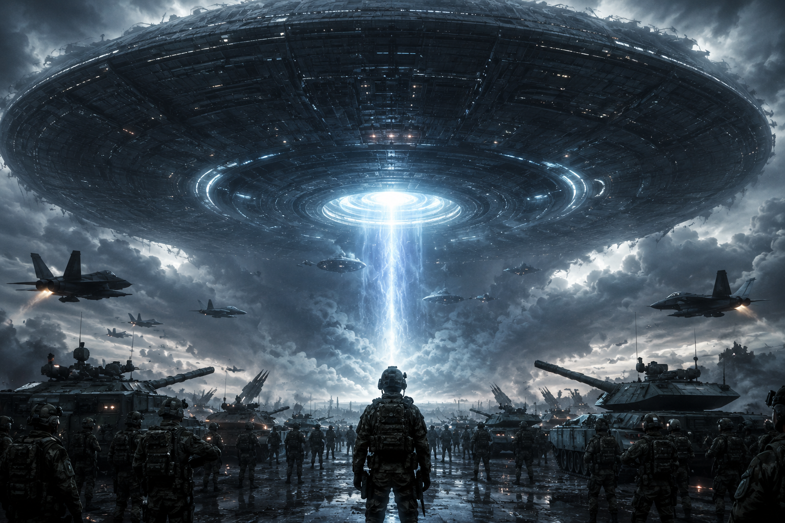 Massive dark sci-fi UFO hovers above a military ground assault with soldiers and tanks beneath a radiant beam.