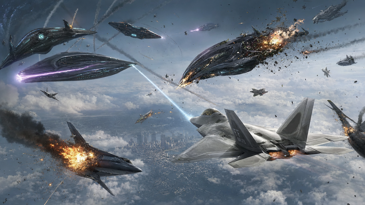 Futuristic space battle with sleek fighter jets and alien ships firing lasers above a city below.