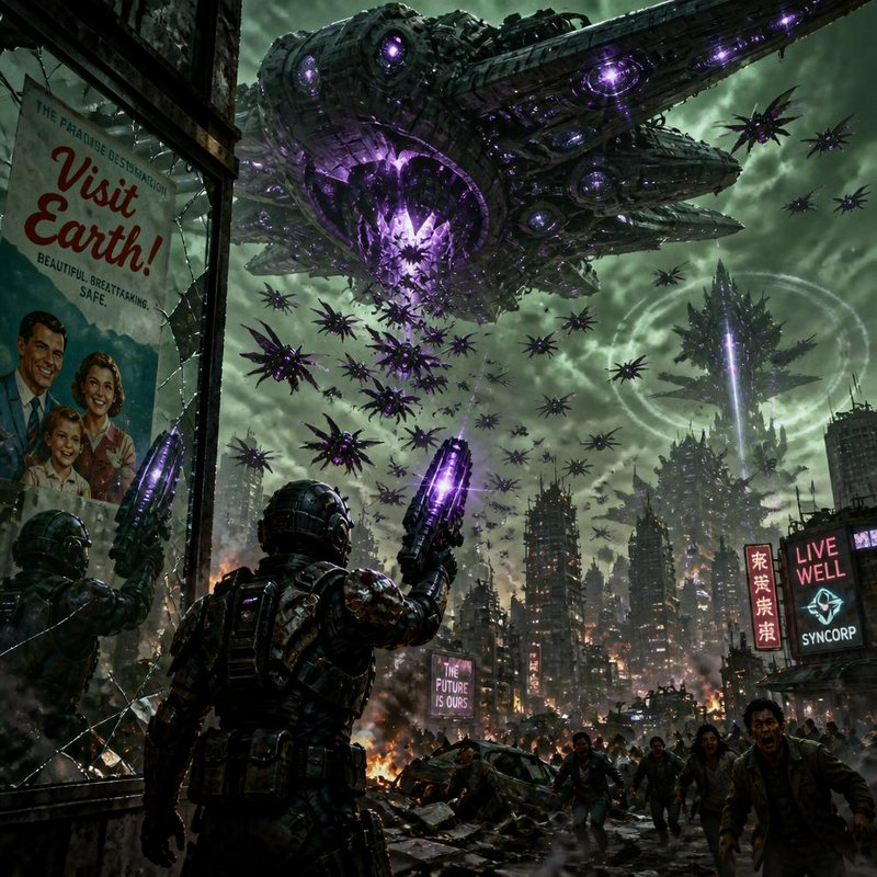 Soldiers confront a massive alien spaceship in a ruined neon-lit city during an invasion.
