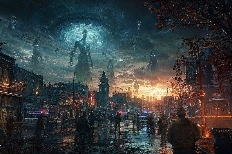 Stormy city street at sunset with giant translucent alien beings hovering in the sky above.
