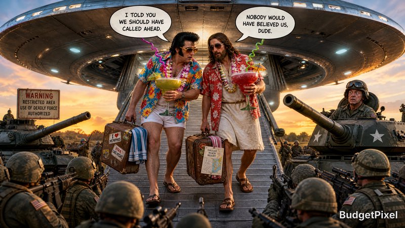 Two men in Hawaiian shirts with suitcases walk off a military tank beneath a large UFO during sunset.